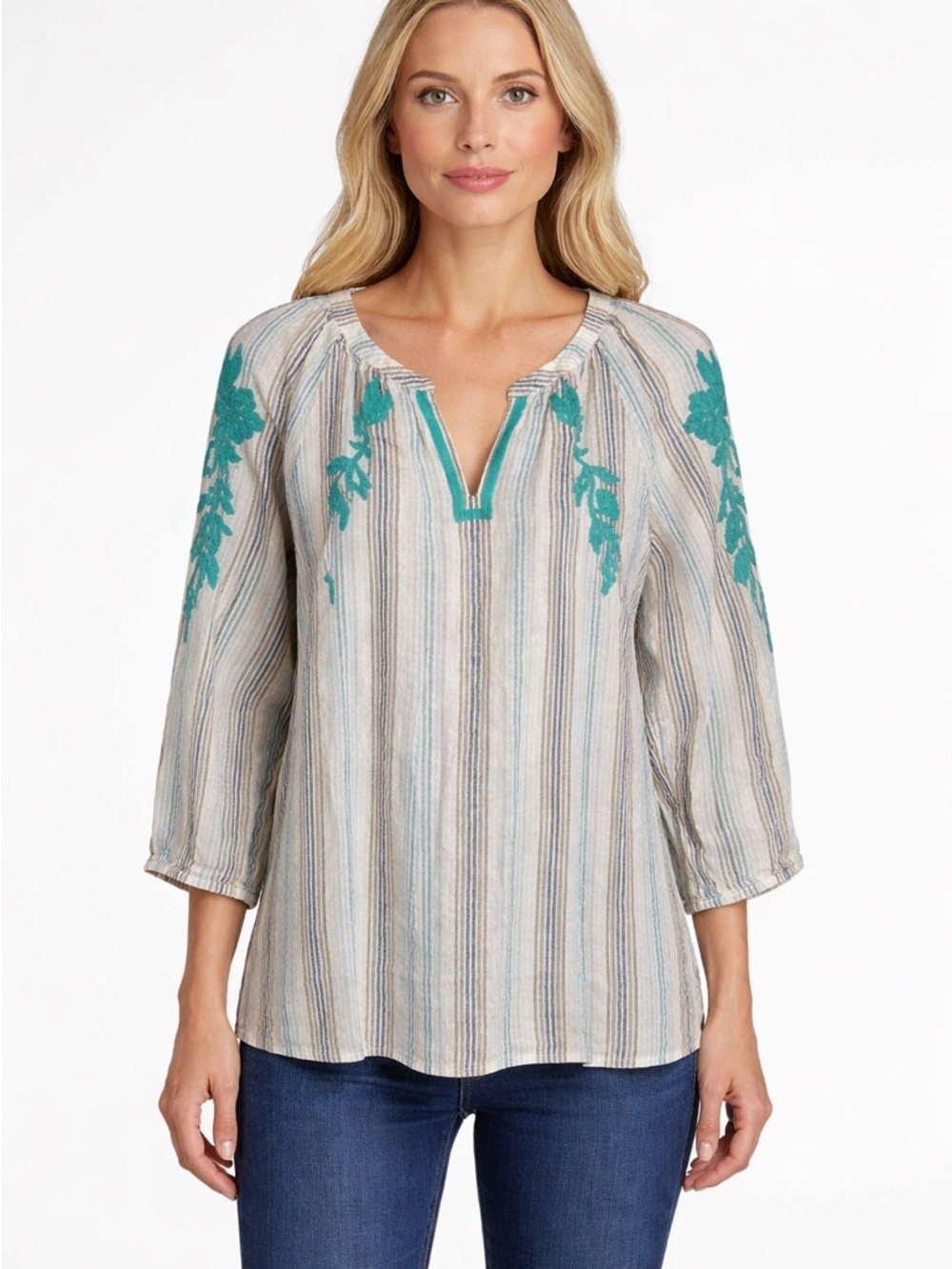 J. jill linen peasant top striped embroidered 100% linen tunic Size Medium - Picture 7 of 7